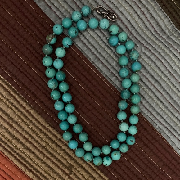 Native American Indian untreated natural turquoise handknotted 26” necklace.